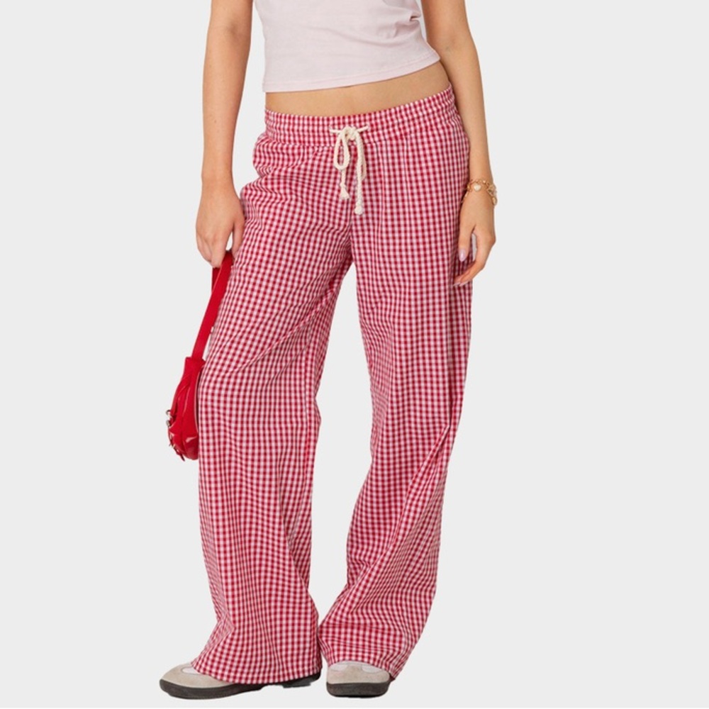 NWT Edikted Red and White Checker Pants with Drawstring - Size M